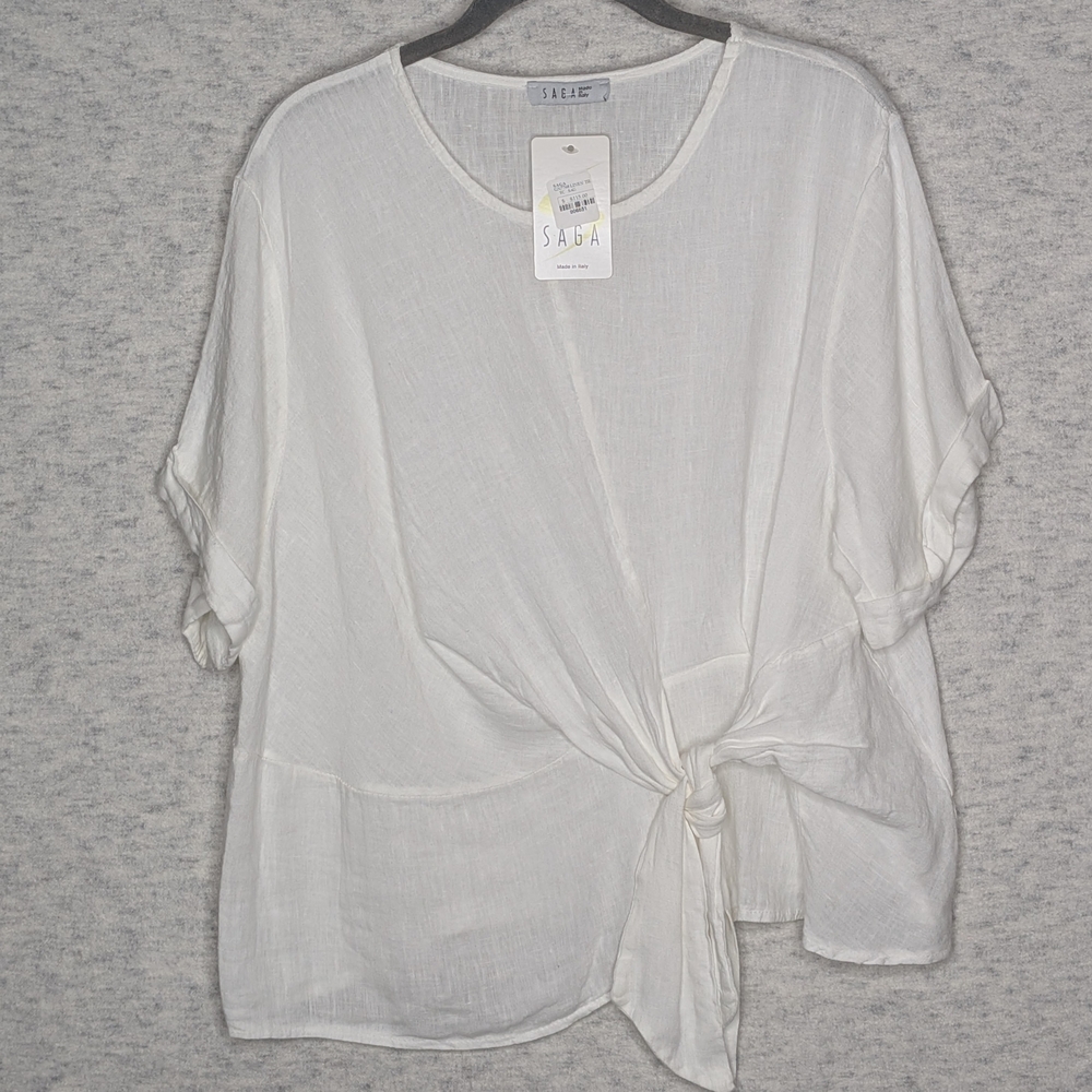 Saga White Linen Tie-Front Blouse Made In Italy One Size